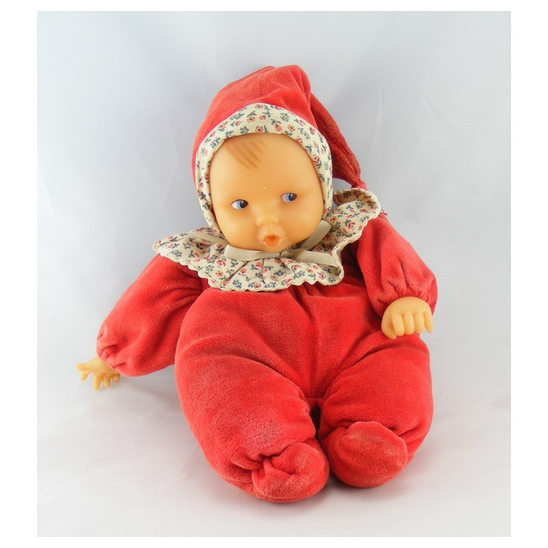 Doudou bébé poupée rouge col fleurs COROLLE