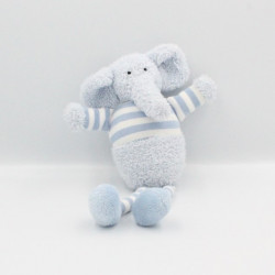 Doudou éléphant bleu blanc rayé grelot