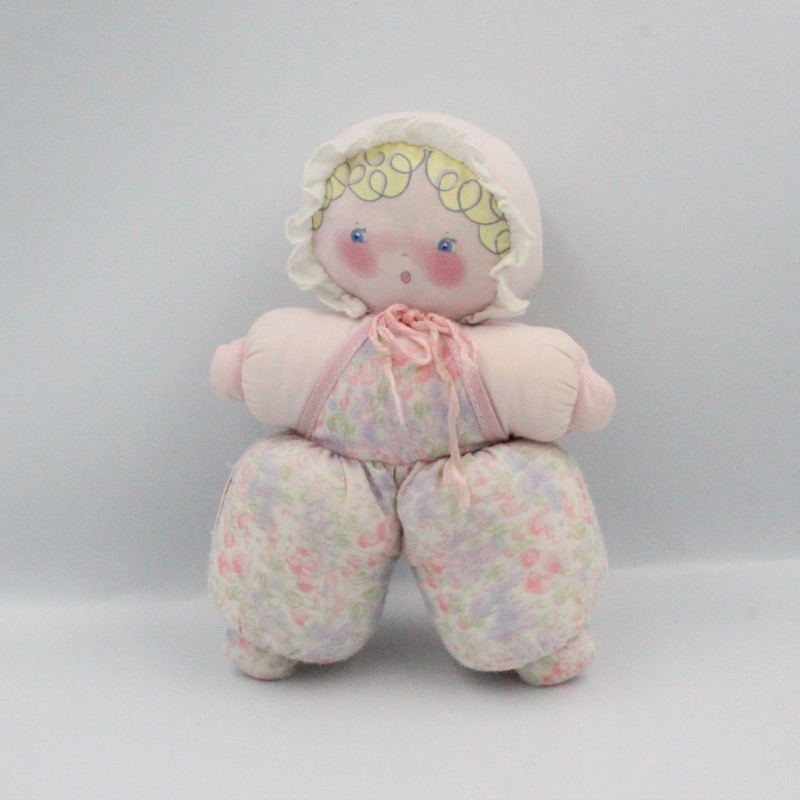 Ancienne poupée chiffon robe rose fleurs tablier blanc