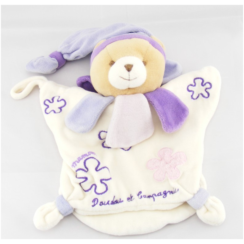 doudou plat marionnette ours blanc col fleur mauve violet DOUDOU