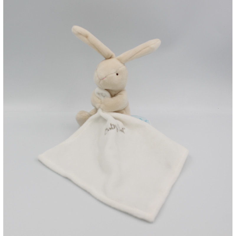 Doudou lapin pantin et mouchoir velours beige blanc Baby Nat' 16 cm -  Babynat