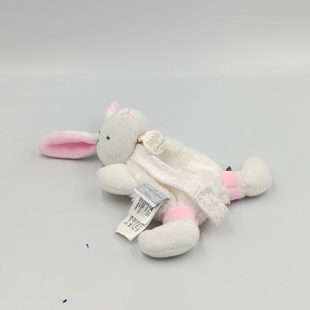 Mini doudou plat lapin blanc rose attache tétine DOUDOU ET COMPAGNIE